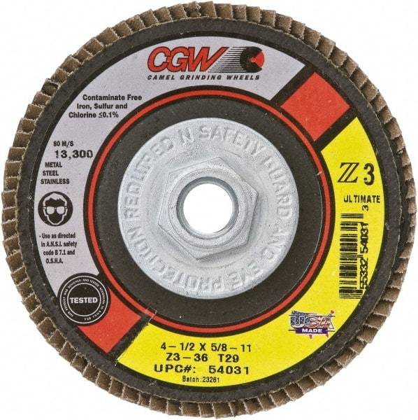 Camel Grinding Wheels - 36 Grit, 4-1/2" Disc Diam, 7/8" Center Hole, Type 29 Zirconia Alumina Flap Disc - 13,300 Max RPM, Poly Cotton Backing, Arbor Attaching System, Coated - Apex Tool & Supply