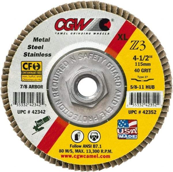 Camel Grinding Wheels - 80 Grit, 7" Disc Diam, 5/8-11 Center Hole, Type 29 Zirconia Alumina Flap Disc - 8,600 Max RPM, Poly Cotton Backing, Arbor Attaching System, Coated - Apex Tool & Supply