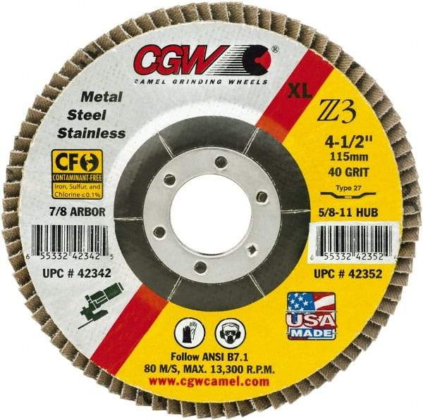 Camel Grinding Wheels - 36 Grit, 4" Disc Diam, 3/8-24 Center Hole, Type 29 Zirconia Alumina Flap Disc - 15,300 Max RPM, Poly Cotton Backing, Arbor Attaching System, Coated - Apex Tool & Supply