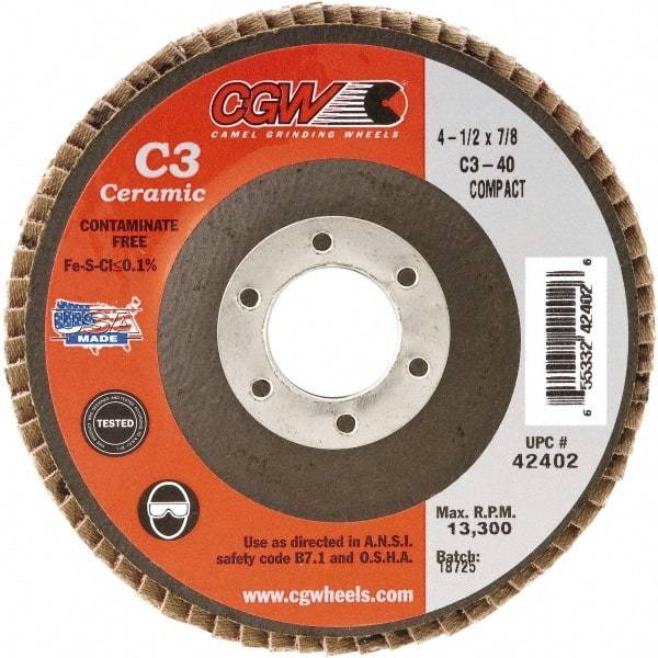 Camel Grinding Wheels - 36 Grit, 7" Disc Diam, 7/8" Center Hole, Type 29 Ceramic Flap Disc - 8,600 Max RPM, Polyester Backing, Arbor Attaching System, Coated - Apex Tool & Supply