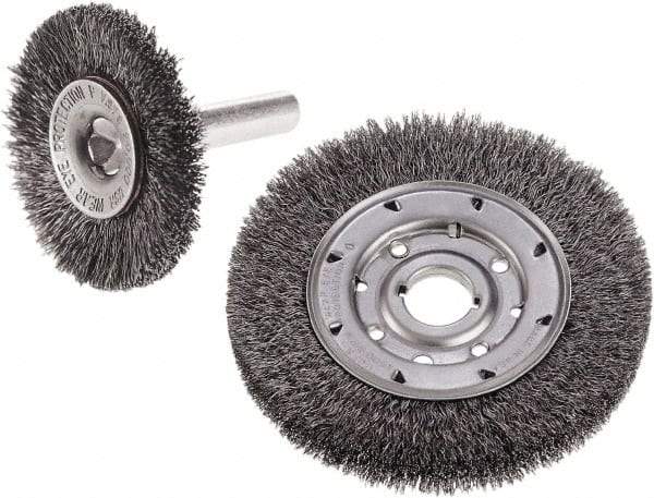 Camel Grinding Wheels - 1-1/2" OD, 1/4" Shank Diam, Crimped Steel Wheel Brush - 1-1/2" Face Width, 1/4" Trim Length, 0.012" Filament Diam - Apex Tool & Supply