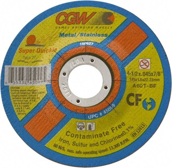 Camel Grinding Wheels - 4-1/2" 60 Grit Aluminum Oxide Cutoff Wheel - 0.045" Thick, 5/8-11 Arbor, 13,300 Max RPM - Apex Tool & Supply