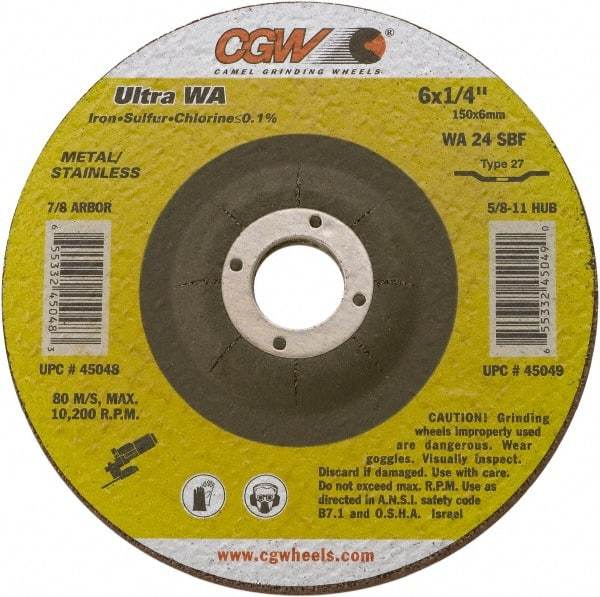 Camel Grinding Wheels - 24 Grit, 9" Wheel Diam, 1/4" Wheel Thickness, 7/8" Arbor Hole, Type 27 Depressed Center Wheel - Coarse Grade, Aluminum Oxide, Resinoid Bond, 6,660 Max RPM - Apex Tool & Supply