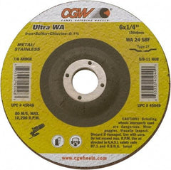 Camel Grinding Wheels - 24 Grit, 9" Wheel Diam, 1/4" Wheel Thickness, 7/8" Arbor Hole, Type 27 Depressed Center Wheel - Coarse Grade, Aluminum Oxide, Resinoid Bond, 6,660 Max RPM - Apex Tool & Supply