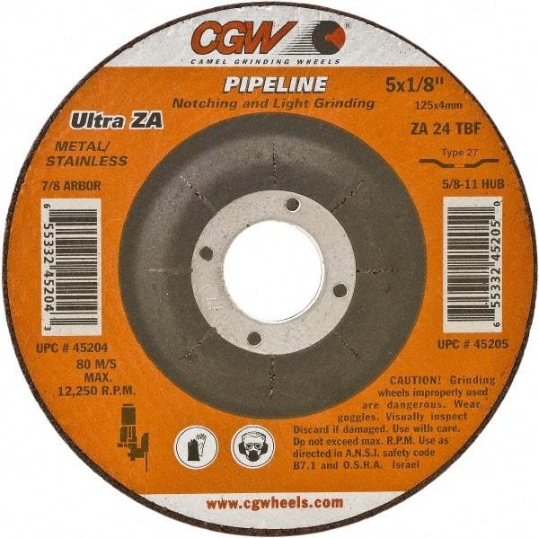 Camel Grinding Wheels - 24 Grit, 4-1/2" Wheel Diam, 1/8" Wheel Thickness, 7/8" Arbor Hole, Type 27 Depressed Center Wheel - Coarse Grade, Zirconia Alumina, Resinoid Bond, 13,300 Max RPM - Apex Tool & Supply