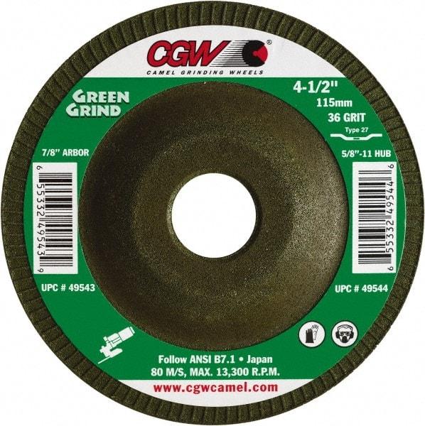 Camel Grinding Wheels - 36 Grit, 4-1/2" Wheel Diam, 5/32" Wheel Thickness, 7/8" Arbor Hole, Type 27 Depressed Center Wheel - Medium Grade, Zirconia Alumina, Resinoid Bond, 13,300 Max RPM - Apex Tool & Supply