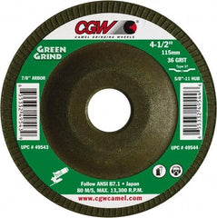 Camel Grinding Wheels - 36 Grit, 7" Wheel Diam, 5/32" Wheel Thickness, 7/8" Arbor Hole, Type 27 Depressed Center Wheel - Medium Grade, Zirconia Alumina, Resinoid Bond, 8,600 Max RPM - Apex Tool & Supply
