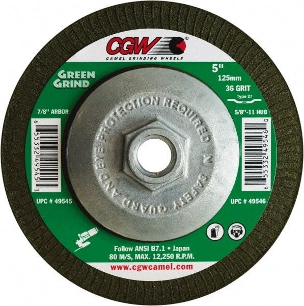 Camel Grinding Wheels - 36 Grit, 5" Wheel Diam, 5/32" Wheel Thickness, Type 27 Depressed Center Wheel - Medium Grade, Zirconia Alumina, Resinoid Bond, 12,250 Max RPM - Apex Tool & Supply