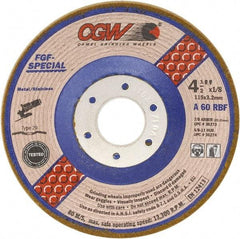 Camel Grinding Wheels - 60 Grit, 4-1/2" Wheel Diam, 1/8" Wheel Thickness, 7/8" Arbor Hole, Type 29 Depressed Center Wheel - Medium Grade, Aluminum Oxide, Resinoid Bond, 13,300 Max RPM - Apex Tool & Supply