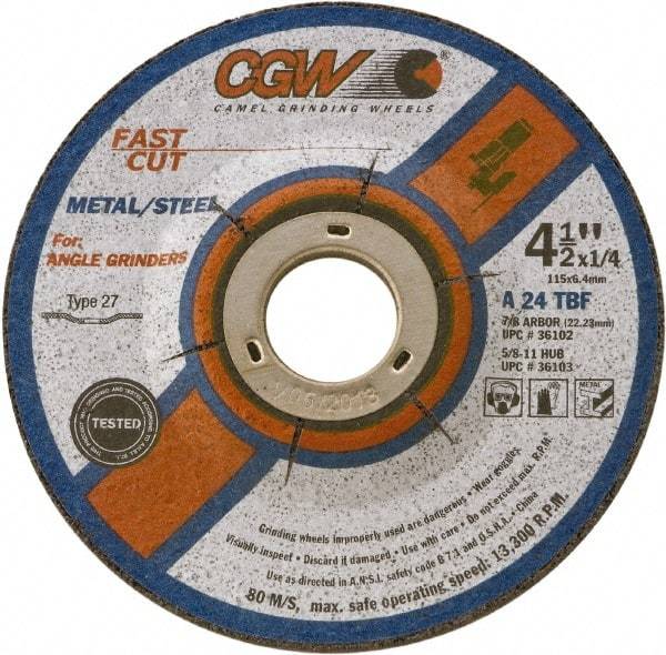 Camel Grinding Wheels - 24 Grit, 9" Wheel Diam, 1/4" Wheel Thickness, Type 28 Depressed Center Wheel - Coarse Grade, Aluminum Oxide, Resinoid Bond, 6,660 Max RPM - Apex Tool & Supply
