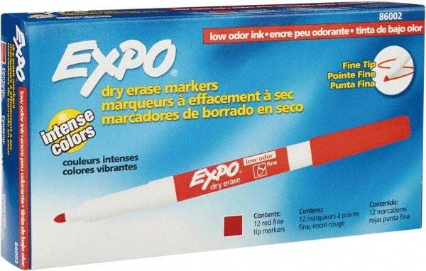Expo - Red, Fine Point, Dozen Low Odor Dry Erase Markers - For Use with Dry Erase Marker Boards - Apex Tool & Supply