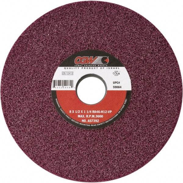 Camel Grinding Wheels - 8" Diam x 1-1/4" Hole x 1/2" Thick, H Hardness, 46 Grit Surface Grinding Wheel - Aluminum Oxide, Type 1, Medium Grade, Vitrified Bond, No Recess - Apex Tool & Supply