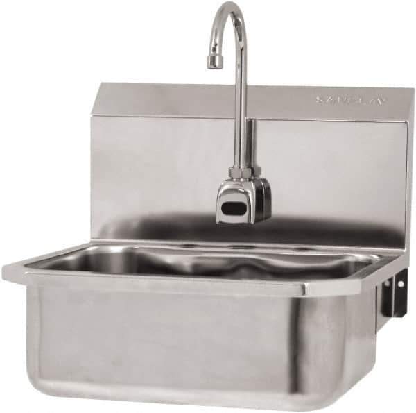 SANI-LAV - 17" Long x 14" Wide Inside, 1 Compartment, Grade 304 Stainless Steel Hand Sink Wall Mount with Electronic Faucet - 18 Gauge, 19" Long x 18" Wide x 21" High Outside, 7" Deep - Apex Tool & Supply