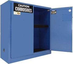 Securall Cabinets - 2 Door, 1 Shelf, Blue Steel Standard Safety Cabinet for Corrosive Chemicals - 44" High x 43" Wide x 18" Deep, Manual Closing Door, 3 Point Key Lock, 30 Gal Capacity - Apex Tool & Supply