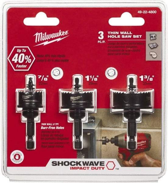 Milwaukee Tool - 3 Piece, 7/8" to 1-3/8" Saw Diam, Impact Rated Hole Saw Kit - Bi-Metal, Toothed Edge, Includes 3 Hole Saws - Apex Tool & Supply