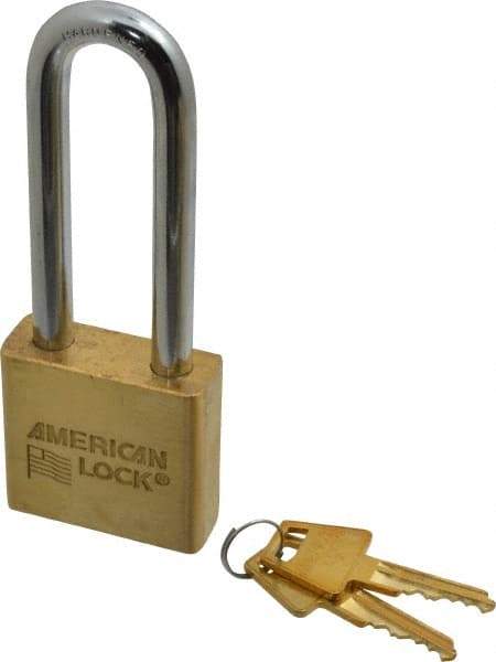 American Lock - 3" Shackle Clearance, Keyed Alike A5572 Padlock - 3/8" Shackle Diam, Steel & Brass, with Solid Extruded Brass Finish - Apex Tool & Supply