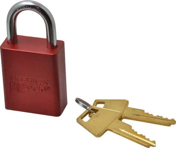 American Lock - Keyed Alike Conductive Lockout Padlock - 1" Shackle Clearance, 1/4" Shackle Diam, 1.8" Body Height x 1-1/2" Body Width, Red, 5 Pins - Apex Tool & Supply