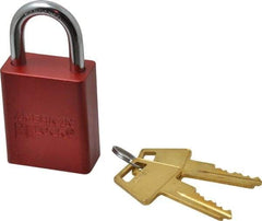 American Lock - Keyed Alike Conductive Lockout Padlock - 1" Shackle Clearance, 1/4" Shackle Diam, 1.8" Body Height x 1-1/2" Body Width, Red, 5 Pins - Apex Tool & Supply