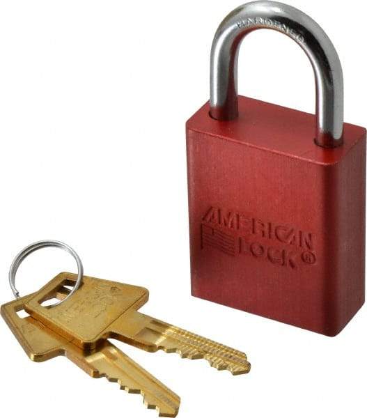 American Lock - Keyed Alike Conductive Lockout Padlock - 1" Shackle Clearance, 1/4" Shackle Diam, 1.8" Body Height x 1-1/2" Body Width, Red, 5 Pins - Apex Tool & Supply