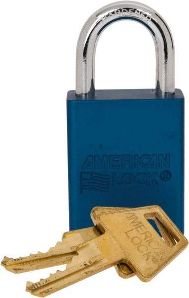 American Lock - Keyed Alike Conductive Lockout Padlock - 1" Shackle Clearance, 1/4" Shackle Diam, 1.8" Body Height x 1-1/2" Body Width, Blue, 5 Pins - Apex Tool & Supply
