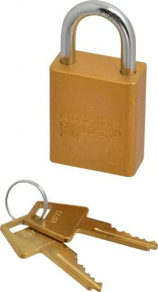 American Lock - Keyed Alike Conductive Lockout Padlock - 1" Shackle Clearance, 1/4" Shackle Diam, 1.8" Body Height x 1-1/2" Body Width, Yellow, 5 Pins - Apex Tool & Supply