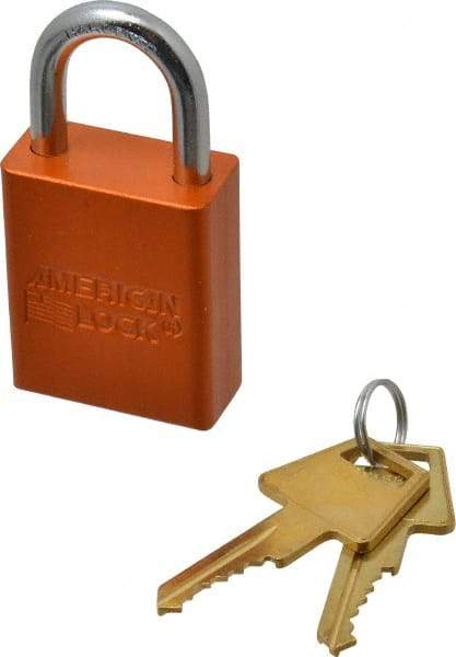 American Lock - Keyed Alike Conductive Lockout Padlock - 1" Shackle Clearance, 1/4" Shackle Diam, 1.8" Body Height x 1-1/2" Body Width, Orange, 5 Pins - Apex Tool & Supply