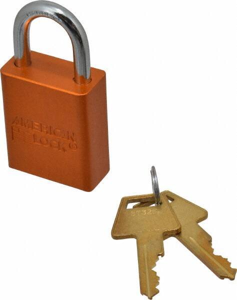 American Lock - Keyed Alike Conductive Lockout Padlock - 1" Shackle Clearance, 1/4" Shackle Diam, 1.8" Body Height x 1-1/2" Body Width, Orange, 5 Pins - Apex Tool & Supply