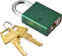 American Lock - Keyed Different Conductive Lockout Padlock - 1" Shackle Clearance, 1/4" Shackle Diam, 1.8" Body Height x 1-1/2" Body Width, Green, 5 Pins - Apex Tool & Supply