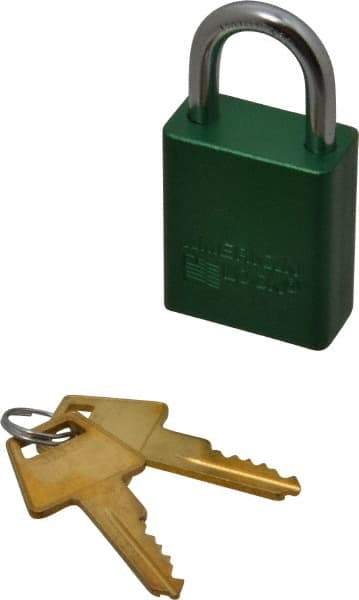 American Lock - Keyed Alike Conductive Lockout Padlock - 1" Shackle Clearance, 1/4" Shackle Diam, 1.8" Body Height x 1-1/2" Body Width, Green, 5 Pins - Apex Tool & Supply