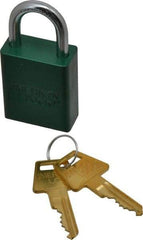 American Lock - Keyed Alike Conductive Lockout Padlock - 1" Shackle Clearance, 1/4" Shackle Diam, 1.8" Body Height x 1-1/2" Body Width, Green, 5 Pins - Apex Tool & Supply