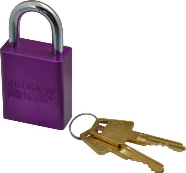American Lock - Keyed Different Conductive Lockout Padlock - 1" Shackle Clearance, 1/4" Shackle Diam, 1.8" Body Height x 1-1/2" Body Width, Purple, 5 Pins - Apex Tool & Supply