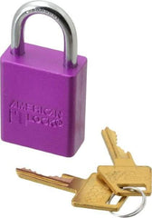 American Lock - Keyed Alike Conductive Lockout Padlock - 1" Shackle Clearance, 1/4" Shackle Diam, 1.8" Body Height x 1-1/2" Body Width, Purple, 5 Pins - Apex Tool & Supply