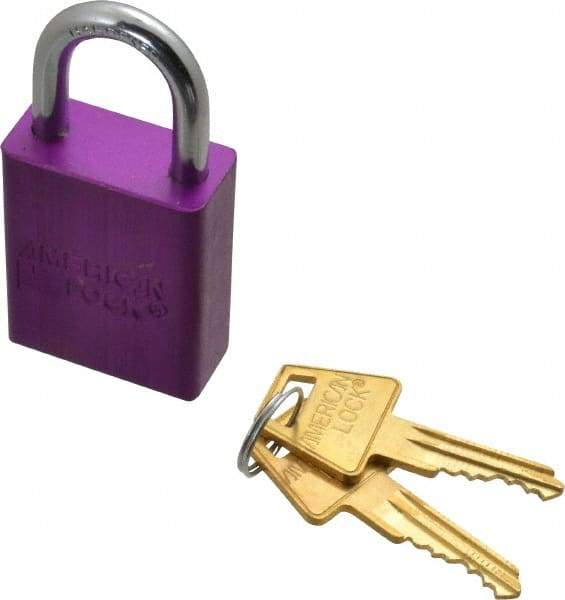 American Lock - Keyed Alike Conductive Lockout Padlock - 1" Shackle Clearance, 1/4" Shackle Diam, 1.8" Body Height x 1-1/2" Body Width, Purple, 5 Pins - Apex Tool & Supply