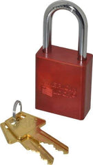 American Lock - Keyed Alike Retaining Key Conductive Lockout Padlock - 1-1/2" Shackle Clearance, 1/4" Shackle Diam, 1.8" Body Height x 1-1/2" Body Width, Red, 5 Pins - Apex Tool & Supply