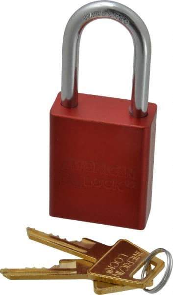 American Lock - Keyed Alike Conductive Lockout Padlock - 1-1/2" Shackle Clearance, 1/4" Shackle Diam, 1.8" Body Height x 1-1/2" Body Width, Red, 5 Pins - Apex Tool & Supply