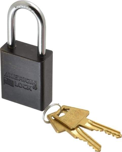 American Lock - Keyed Alike Conductive Lockout Padlock - 1-1/2" Shackle Clearance, 1/4" Shackle Diam, 1.8" Body Height x 1-1/2" Body Width, Black, 5 Pins - Apex Tool & Supply