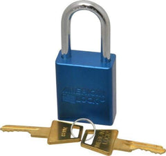 American Lock - Keyed Different Conductive Lockout Padlock - 1-1/2" Shackle Clearance, 1/4" Shackle Diam, 1.8" Body Height x 1-1/2" Body Width, Blue, 5 Pins - Apex Tool & Supply
