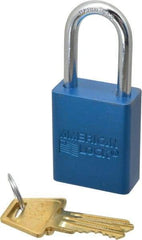 American Lock - Keyed Alike Conductive Lockout Padlock - 1-1/2" Shackle Clearance, 1/4" Shackle Diam, 1.8" Body Height x 1-1/2" Body Width, Blue, 5 Pins - Apex Tool & Supply