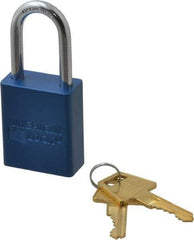 American Lock - Keyed Alike Conductive Lockout Padlock - 1-1/2" Shackle Clearance, 1/4" Shackle Diam, 1.8" Body Height x 1-1/2" Body Width, Blue, 5 Pins - Apex Tool & Supply
