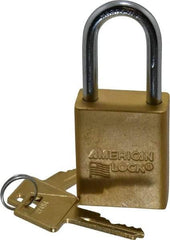 American Lock - Keyed Alike Conductive Lockout Padlock - 1-1/2" Shackle Clearance, 1/4" Shackle Diam, 1.8" Body Height x 1-1/2" Body Width, Yellow, 5 Pins - Apex Tool & Supply