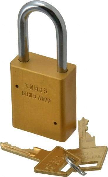 American Lock - Keyed Alike Conductive Lockout Padlock - 1-1/2" Shackle Clearance, 1/4" Shackle Diam, 1.8" Body Height x 1-1/2" Body Width, Yellow, 5 Pins - Apex Tool & Supply