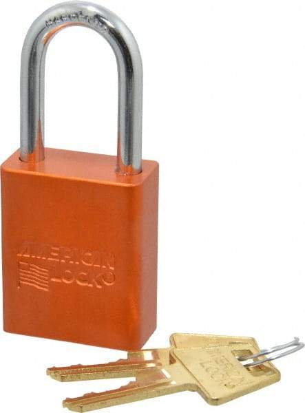 American Lock - Keyed Different Conductive Lockout Padlock - 1-1/2" Shackle Clearance, 1/4" Shackle Diam, 1.8" Body Height x 1-1/2" Body Width, Orange, 5 Pins - Apex Tool & Supply