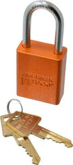 American Lock - Keyed Alike Conductive Lockout Padlock - 1-1/2" Shackle Clearance, 1/4" Shackle Diam, 1.8" Body Height x 1-1/2" Body Width, Orange, 5 Pins - Apex Tool & Supply