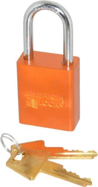 American Lock - Keyed Alike Conductive Lockout Padlock - 1-1/2" Shackle Clearance, 1/4" Shackle Diam, 1.8" Body Height x 1-1/2" Body Width, Orange, 5 Pins - Apex Tool & Supply