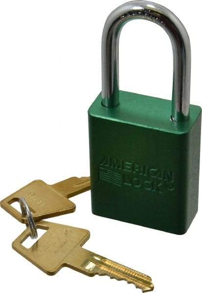American Lock - Keyed Different Conductive Lockout Padlock - 1-1/2" Shackle Clearance, 1/4" Shackle Diam, 1.8" Body Height x 1-1/2" Body Width, Green, 5 Pins - Apex Tool & Supply