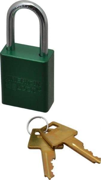 American Lock - Keyed Alike Conductive Lockout Padlock - 1-1/2" Shackle Clearance, 1/4" Shackle Diam, 1.8" Body Height x 1-1/2" Body Width, Green, 5 Pins - Apex Tool & Supply