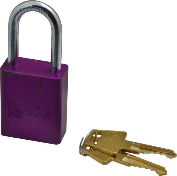 American Lock - Keyed Different Conductive Lockout Padlock - 1-1/2" Shackle Clearance, 1/4" Shackle Diam, 1.8" Body Height x 1-1/2" Body Width, Purple, 5 Pins - Apex Tool & Supply