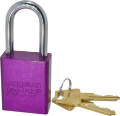 American Lock - Keyed Alike Conductive Lockout Padlock - 1-1/2" Shackle Clearance, 1/4" Shackle Diam, 1.8" Body Height x 1-1/2" Body Width, Purple, 5 Pins - Apex Tool & Supply