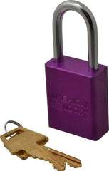 American Lock - Keyed Alike Conductive Lockout Padlock - 1-1/2" Shackle Clearance, 1/4" Shackle Diam, 1.8" Body Height x 1-1/2" Body Width, Purple, 5 Pins - Apex Tool & Supply