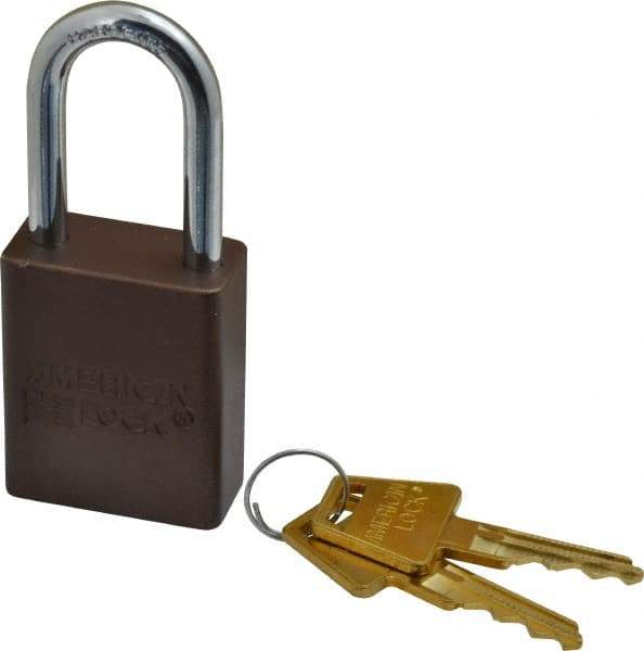 American Lock - Keyed Different Conductive Lockout Padlock - 1-1/2" Shackle Clearance, 1/4" Shackle Diam, 1.8" Body Height x 1-1/2" Body Width, Brown, 5 Pins - Apex Tool & Supply